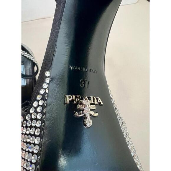 Prada Black Platform Rhinestone Block Heel Open Toe Ankle Strap Heels EU 37 FLAW - Picture 7 of 11